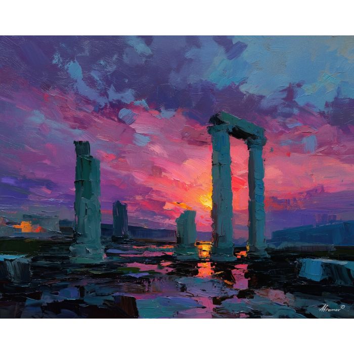 marble, temple, myth, aegean, column, oracle, bronze, ruin, hymn, stone, palette knife, oil painting, impasto, texture, expressive, layered paint, dynamic light, atmospheric, color depth, art