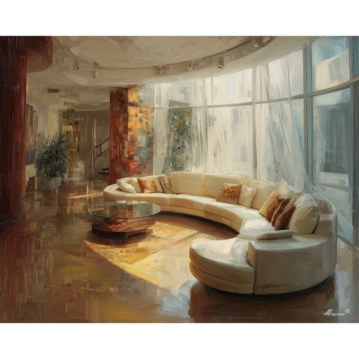 retro, interior, geometry, wood, design, minimal, warm, curve, balance, space, palette knife, oil painting, impasto, texture, expressive, layered paint, dynamic light, atmospheric, color depth, art