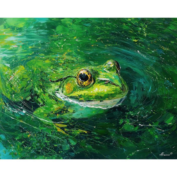 emerald, marsh, rain, jade, pond, ripple, moss, wet, amphibian, lily, palette knife, oil painting, impasto, texture, expressive, layered paint, dynamic light, atmospheric, color depth, art