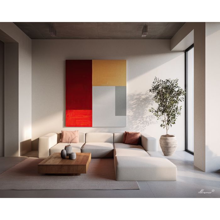 retro, interior, geometry, wood, design, minimal, warm, curve, balance, space, palette knife, oil painting, impasto, texture, expressive, layered paint, dynamic light, atmospheric, color depth, art