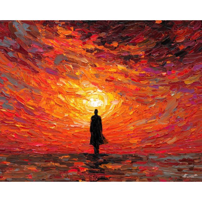 shadow, light, dusk, outline, presence, contrast, glow, void, edge, figure, palette knife, oil painting, impasto, texture, expressive, layered paint, dynamic light, atmospheric, color depth, art
