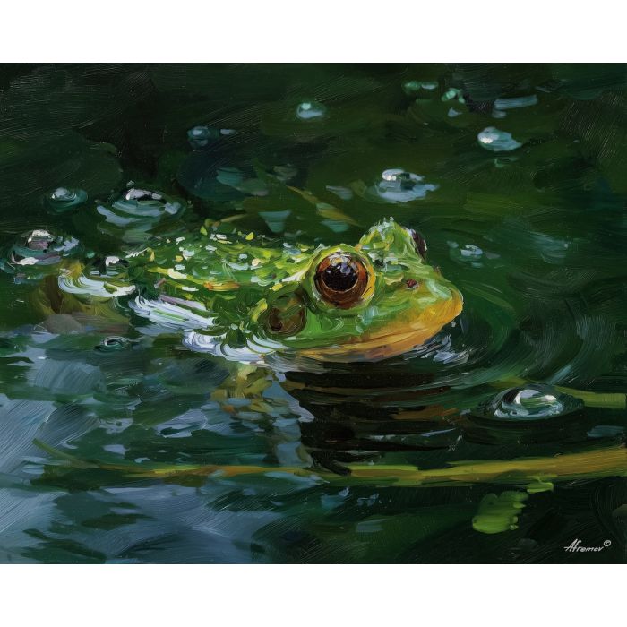 emerald, marsh, rain, jade, pond, ripple, moss, wet, amphibian, lily, palette knife, oil painting, impasto, texture, expressive, layered paint, dynamic light, atmospheric, color depth, art