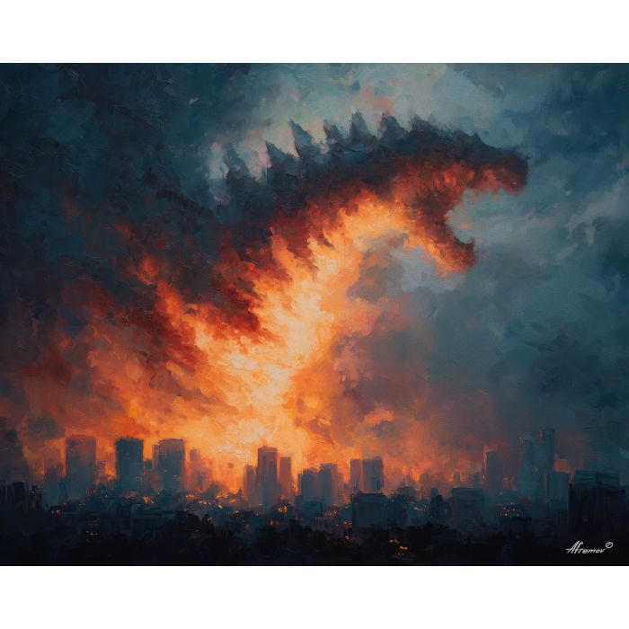 colossal, titan, smoke, destruction, neon, storm, scale, ruin, ash, force, palette knife, oil painting, impasto, texture, expressive, layered paint, dynamic light, atmospheric, color depth, art