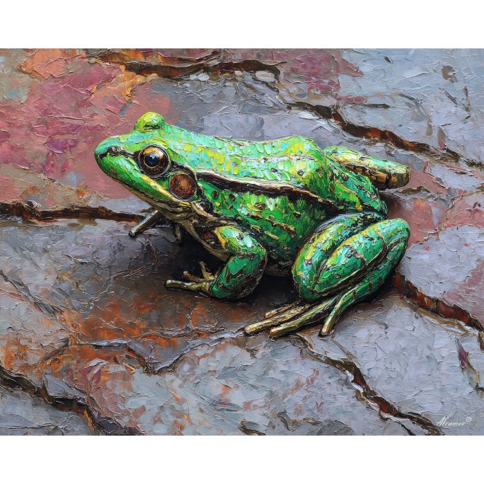 emerald, marsh, rain, jade, pond, ripple, moss, wet, amphibian, lily, palette knife, oil painting, impasto, texture, expressive, layered paint, dynamic light, atmospheric, color depth, art