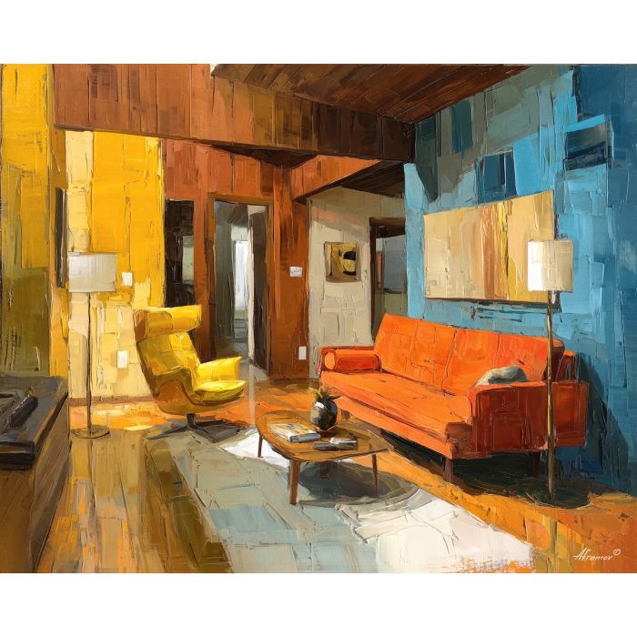 retro, interior, geometry, wood, design, minimal, warm, curve, balance, space, palette knife, oil painting, impasto, texture, expressive, layered paint, dynamic light, atmospheric, color depth, art