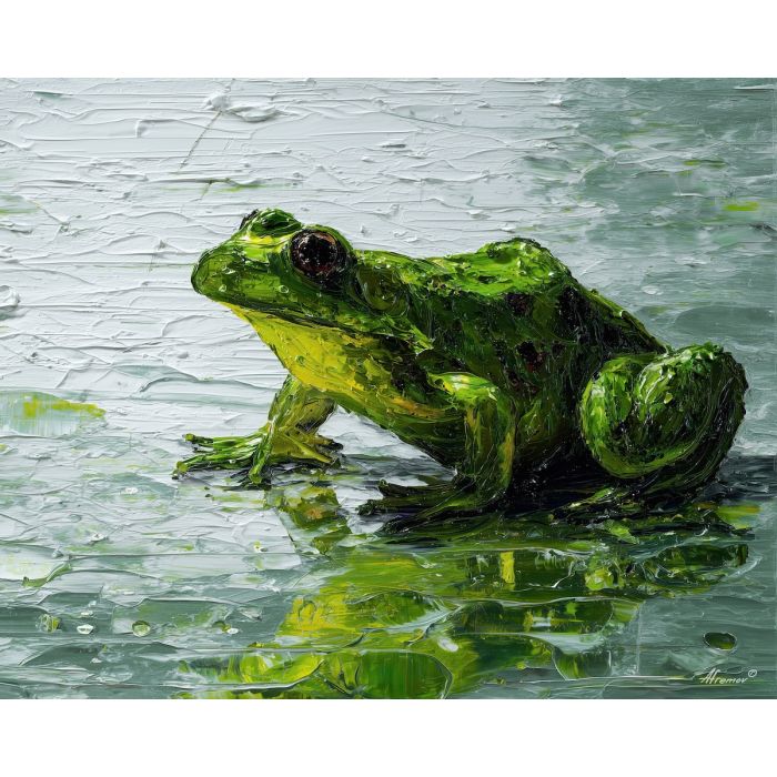 emerald, marsh, rain, jade, pond, ripple, moss, wet, amphibian, lily, palette knife, oil painting, impasto, texture, expressive, layered paint, dynamic light, atmospheric, color depth, art