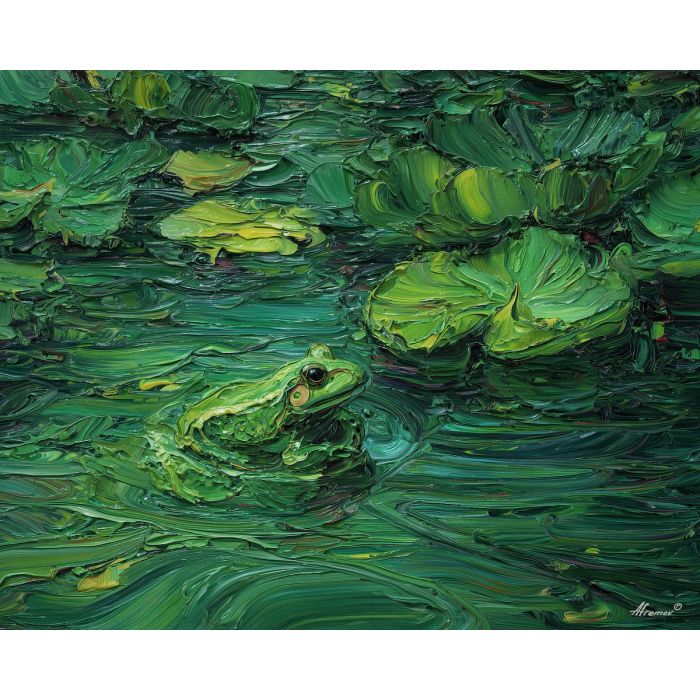 emerald, marsh, rain, jade, pond, ripple, moss, wet, amphibian, lily, palette knife, oil painting, impasto, texture, expressive, layered paint, dynamic light, atmospheric, color depth, art