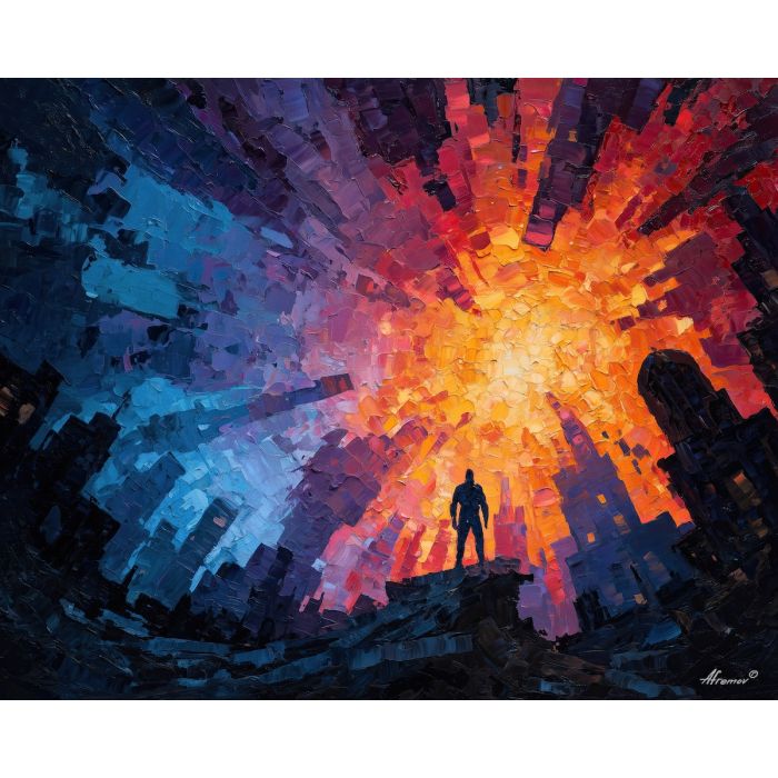 colossal, titan, smoke, destruction, neon, storm, scale, ruin, ash, force, palette knife, oil painting, impasto, texture, expressive, layered paint, dynamic light, atmospheric, color depth, art