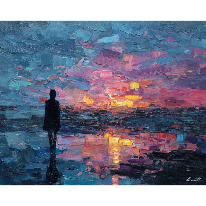 shadow, light, dusk, outline, presence, contrast, glow, void, edge, figure, palette knife, oil painting, impasto, texture, expressive, layered paint, dynamic light, atmospheric, color depth, art
