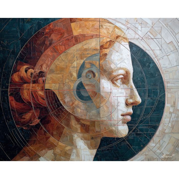 renaissance, geometry, anatomy, chalk, codex, proportion, study, spiral, draft, sepia, palette knife, oil painting, impasto, texture, expressive, layered paint, dynamic light, atmospheric, color depth, art
