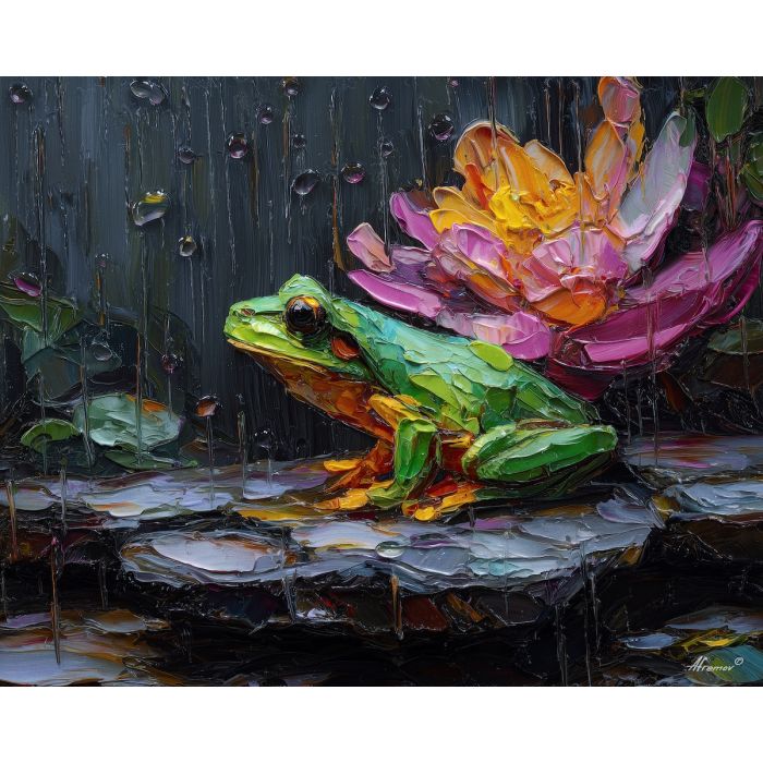 emerald, marsh, rain, jade, pond, ripple, moss, wet, amphibian, lily, palette knife, oil painting, impasto, texture, expressive, layered paint, dynamic light, atmospheric, color depth, art