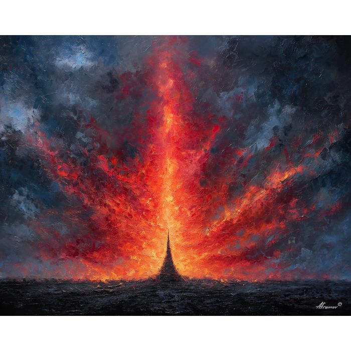 colossal, titan, smoke, destruction, neon, storm, scale, ruin, ash, force, palette knife, oil painting, impasto, texture, expressive, layered paint, dynamic light, atmospheric, color depth, art