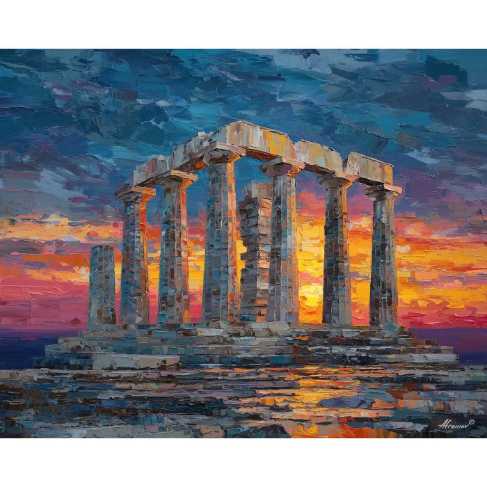 marble, temple, myth, aegean, column, oracle, bronze, ruin, hymn, stone, palette knife, oil painting, impasto, texture, expressive, layered paint, dynamic light, atmospheric, color depth, art