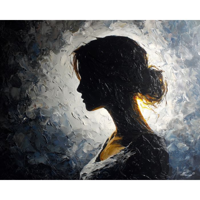 shadow, light, dusk, outline, presence, contrast, glow, void, edge, figure, palette knife, oil painting, impasto, texture, expressive, layered paint, dynamic light, atmospheric, color depth, art