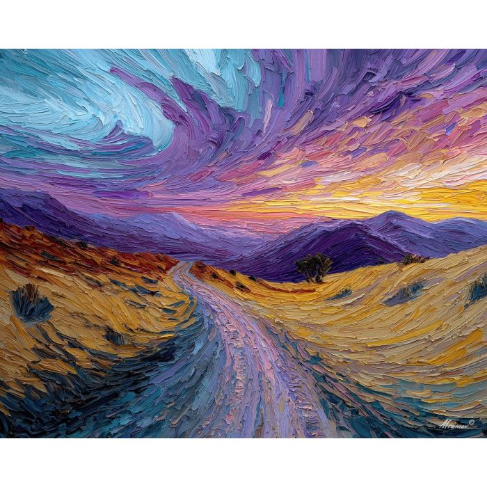 desert, dust, horizon, frontier, horse, sun, wind, trail, plain, sky, palette knife, oil painting, impasto, texture, expressive, layered paint, dynamic light, atmospheric, color depth, art