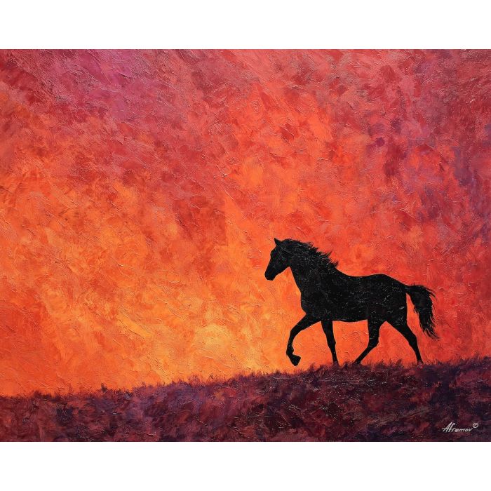desert, dust, horizon, frontier, horse, sun, wind, trail, plain, sky, palette knife, oil painting, impasto, texture, expressive, layered paint, dynamic light, atmospheric, color depth, art