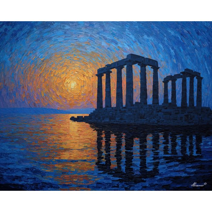 marble, temple, myth, aegean, column, oracle, bronze, ruin, hymn, stone, palette knife, oil painting, impasto, texture, expressive, layered paint, dynamic light, atmospheric, color depth, art