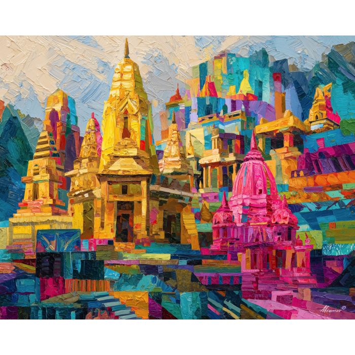 ornament, festival, pattern, color, temple, textile, warm, rhythm, culture, detail, palette knife, oil painting, impasto, texture, expressive, layered paint, dynamic light, atmospheric, color depth, art