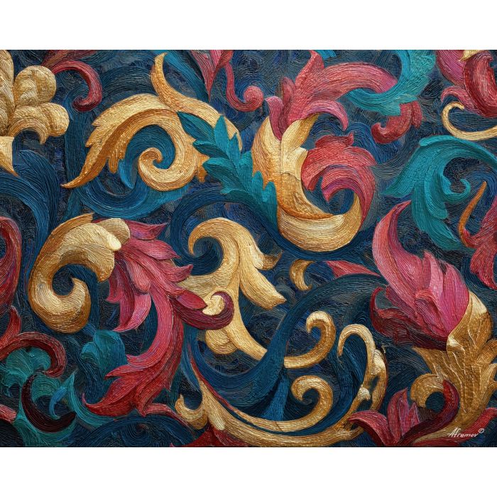 ornament, festival, pattern, color, temple, textile, warm, rhythm, culture, detail, palette knife, oil painting, impasto, texture, expressive, layered paint, dynamic light, atmospheric, color depth, art