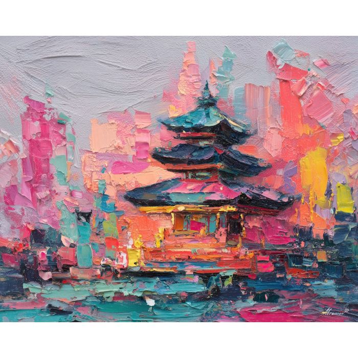 ornament, festival, pattern, color, temple, textile, warm, rhythm, culture, detail, palette knife, oil painting, impasto, texture, expressive, layered paint, dynamic light, atmospheric, color depth, art