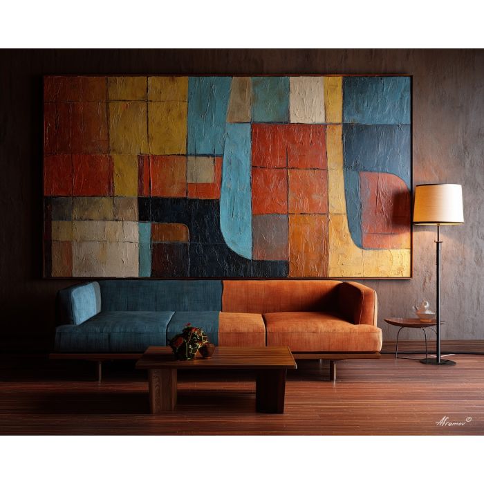 retro, interior, geometry, wood, design, minimal, warm, curve, balance, space, palette knife, oil painting, impasto, texture, expressive, layered paint, dynamic light, atmospheric, color depth, art