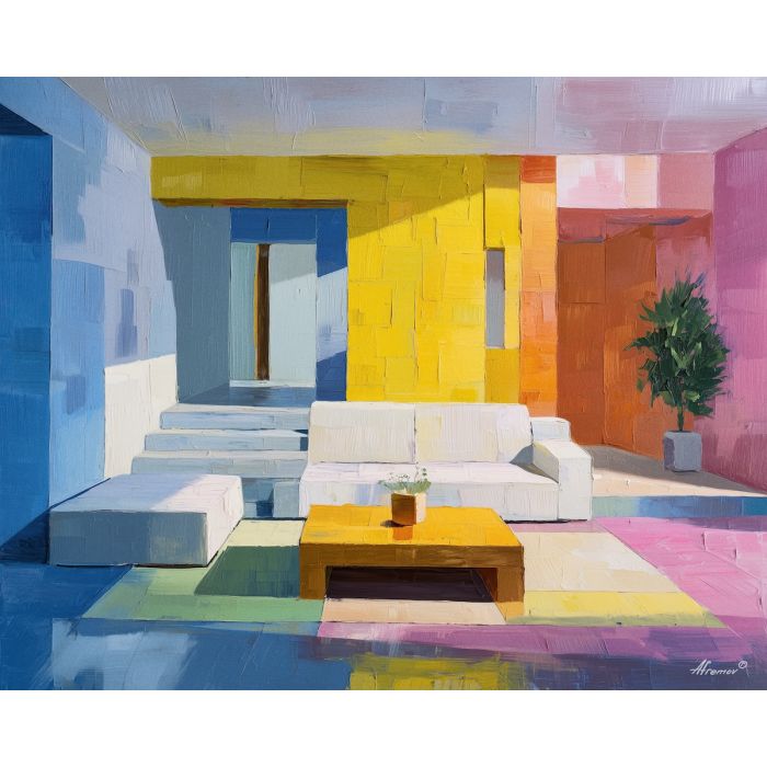 retro, interior, geometry, wood, design, minimal, warm, curve, balance, space, palette knife, oil painting, impasto, texture, expressive, layered paint, dynamic light, atmospheric, color depth, art