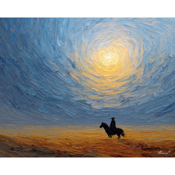 desert, dust, horizon, frontier, horse, sun, wind, trail, plain, sky, palette knife, oil painting, impasto, texture, expressive, layered paint, dynamic light, atmospheric, color depth, art