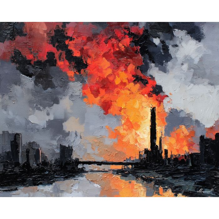 colossal, titan, smoke, destruction, neon, storm, scale, ruin, ash, force, palette knife, oil painting, impasto, texture, expressive, layered paint, dynamic light, atmospheric, color depth, art