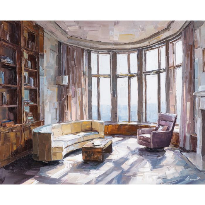 retro, interior, geometry, wood, design, minimal, warm, curve, balance, space, palette knife, oil painting, impasto, texture, expressive, layered paint, dynamic light, atmospheric, color depth, art