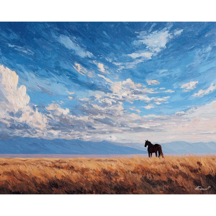 desert, dust, horizon, frontier, horse, sun, wind, trail, plain, sky, palette knife, oil painting, impasto, texture, expressive, layered paint, dynamic light, atmospheric, color depth, art