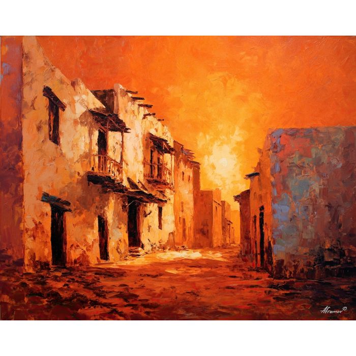 desert, dust, horizon, frontier, horse, sun, wind, trail, plain, sky, palette knife, oil painting, impasto, texture, expressive, layered paint, dynamic light, atmospheric, color depth, art