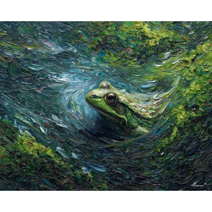 emerald, marsh, rain, jade, pond, ripple, moss, wet, amphibian, lily, palette knife, oil painting, impasto, texture, expressive, layered paint, dynamic light, atmospheric, color depth, art