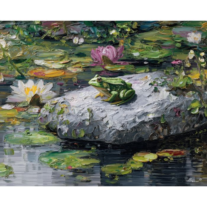 emerald, marsh, rain, jade, pond, ripple, moss, wet, amphibian, lily, palette knife, oil painting, impasto, texture, expressive, layered paint, dynamic light, atmospheric, color depth, art