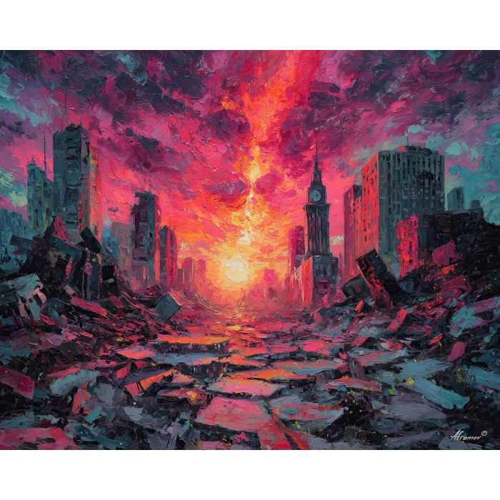 colossal, titan, smoke, destruction, neon, storm, scale, ruin, ash, force, palette knife, oil painting, impasto, texture, expressive, layered paint, dynamic light, atmospheric, color depth, art