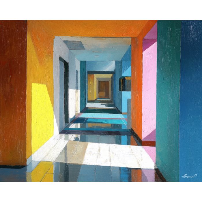 retro, interior, geometry, wood, design, minimal, warm, curve, balance, space, palette knife, oil painting, impasto, texture, expressive, layered paint, dynamic light, atmospheric, color depth, art