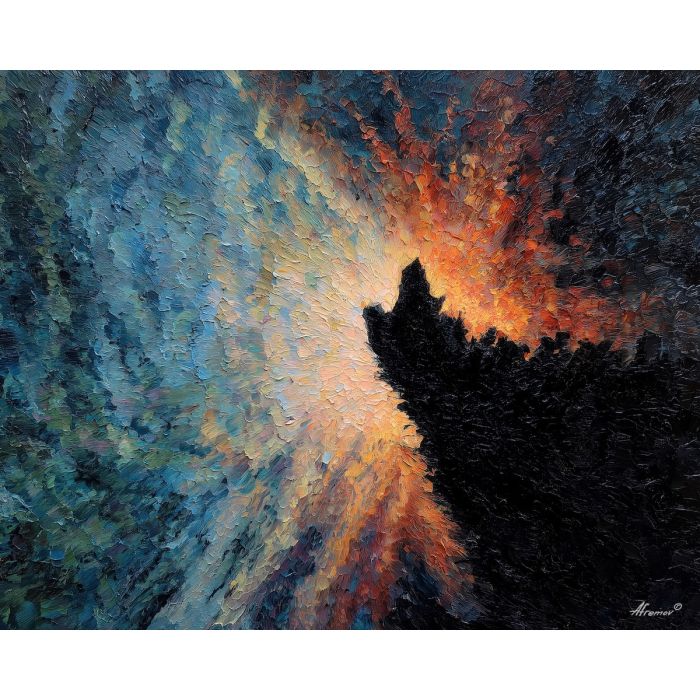 shadow, light, dusk, outline, presence, contrast, glow, void, edge, figure, palette knife, oil painting, impasto, texture, expressive, layered paint, dynamic light, atmospheric, color depth, art