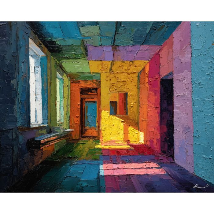 retro, interior, geometry, wood, design, minimal, warm, curve, balance, space, palette knife, oil painting, impasto, texture, expressive, layered paint, dynamic light, atmospheric, color depth, art