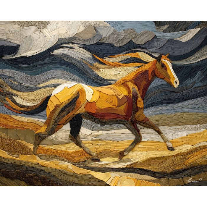 desert, dust, horizon, frontier, horse, sun, wind, trail, plain, sky, palette knife, oil painting, impasto, texture, expressive, layered paint, dynamic light, atmospheric, color depth, art