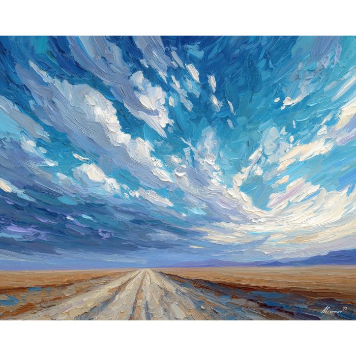desert, dust, horizon, frontier, horse, sun, wind, trail, plain, sky, palette knife, oil painting, impasto, texture, expressive, layered paint, dynamic light, atmospheric, color depth, art