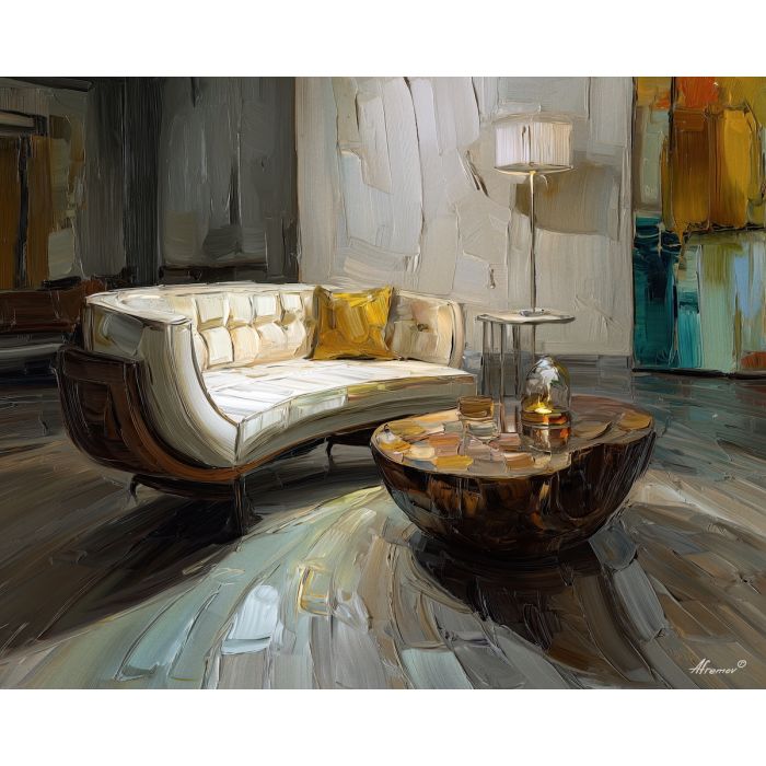 retro, interior, geometry, wood, design, minimal, warm, curve, balance, space, palette knife, oil painting, impasto, texture, expressive, layered paint, dynamic light, atmospheric, color depth, art