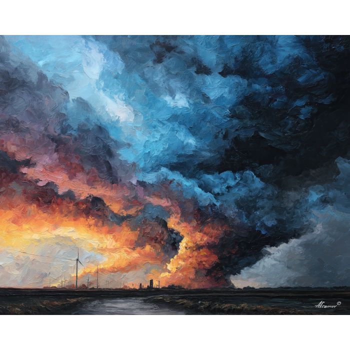 colossal, titan, smoke, destruction, neon, storm, scale, ruin, ash, force, palette knife, oil painting, impasto, texture, expressive, layered paint, dynamic light, atmospheric, color depth, art