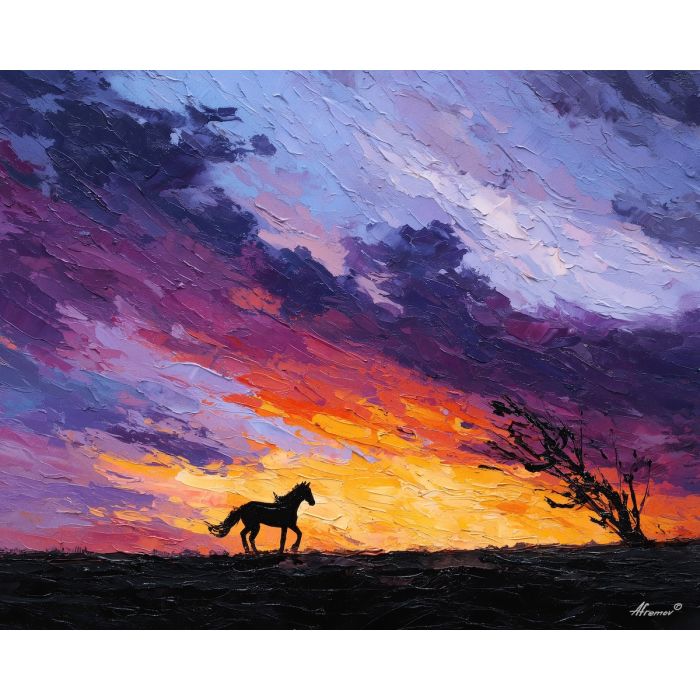 desert, dust, horizon, frontier, horse, sun, wind, trail, plain, sky, palette knife, oil painting, impasto, texture, expressive, layered paint, dynamic light, atmospheric, color depth, art