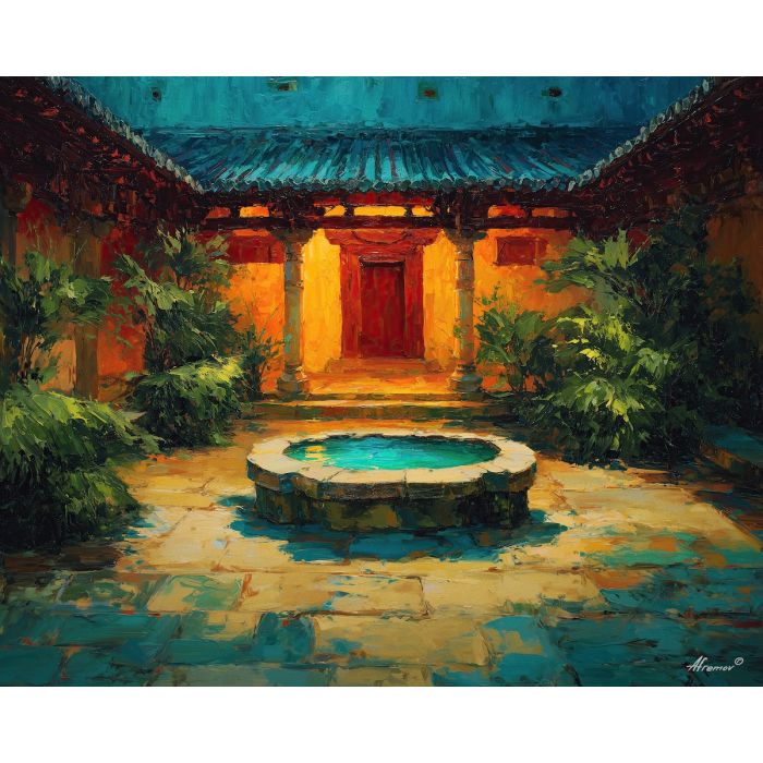 ornament, festival, pattern, color, temple, textile, warm, rhythm, culture, detail, palette knife, oil painting, impasto, texture, expressive, layered paint, dynamic light, atmospheric, color depth, art