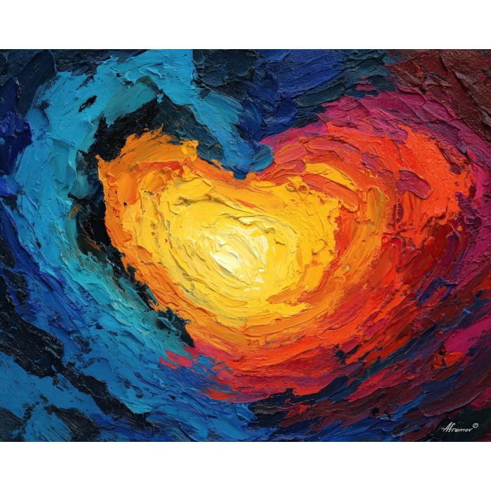 heart, emotion, warmth, pulse, red, connection, vein, core, intimacy, glow, palette knife, oil painting, impasto, texture, expressive, layered paint, dynamic light, atmospheric, color depth, art