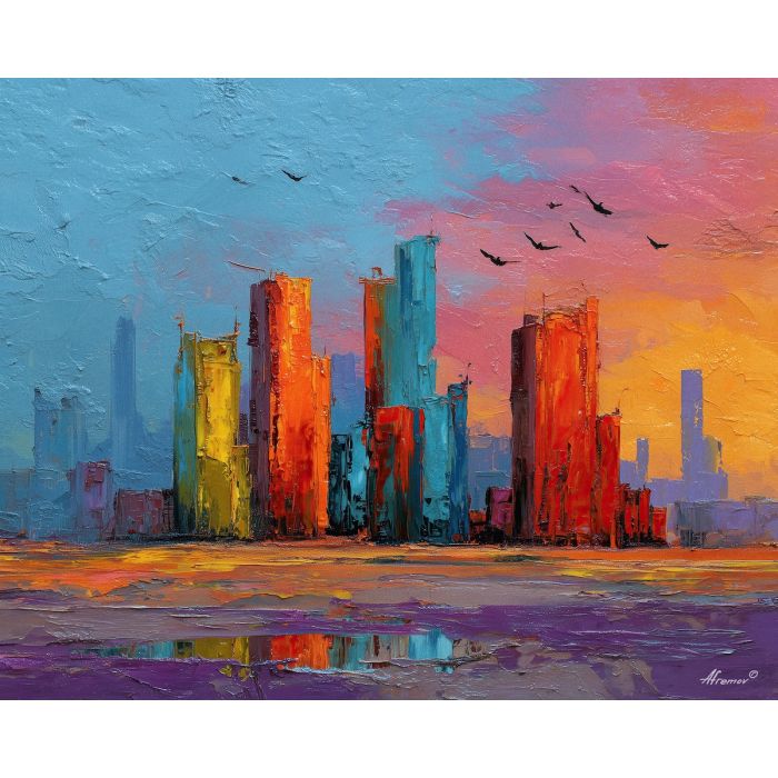 desert, dust, horizon, frontier, horse, sun, wind, trail, plain, sky, palette knife, oil painting, impasto, texture, expressive, layered paint, dynamic light, atmospheric, color depth, art