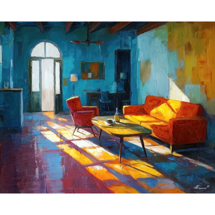 retro, interior, geometry, wood, design, minimal, warm, curve, balance, space, palette knife, oil painting, impasto, texture, expressive, layered paint, dynamic light, atmospheric, color depth, art