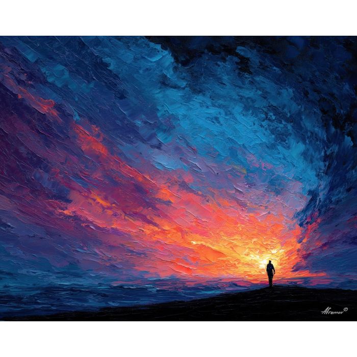shadow, light, dusk, outline, presence, contrast, glow, void, edge, figure, palette knife, oil painting, impasto, texture, expressive, layered paint, dynamic light, atmospheric, color depth, art