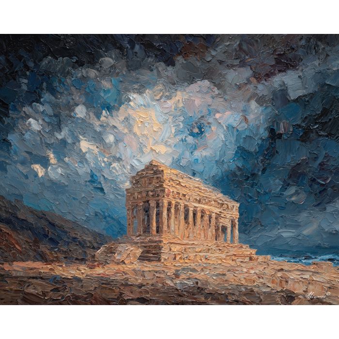 marble, temple, myth, aegean, column, oracle, bronze, ruin, hymn, stone, palette knife, oil painting, impasto, texture, expressive, layered paint, dynamic light, atmospheric, color depth, art
