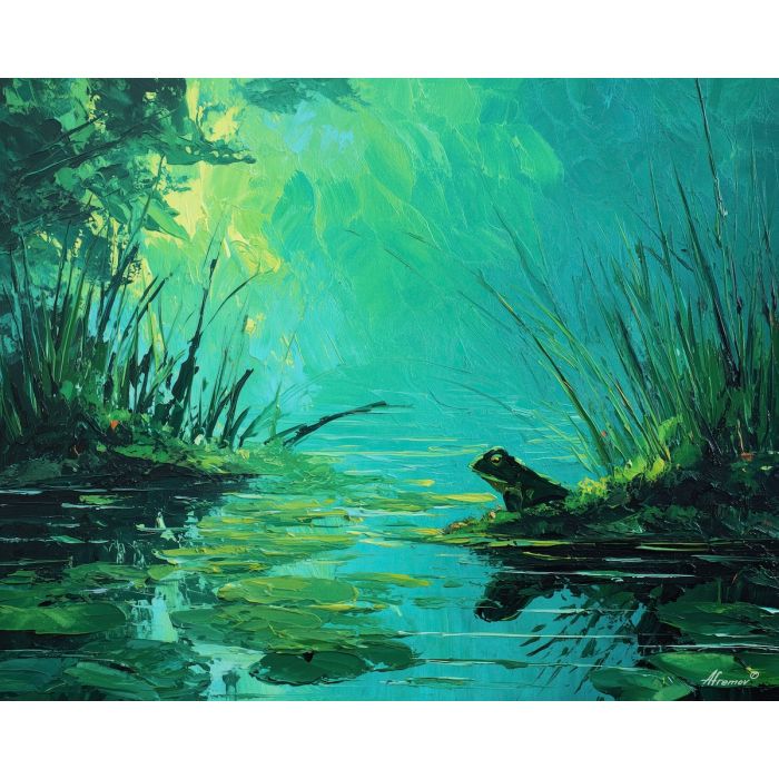 emerald, marsh, rain, jade, pond, ripple, moss, wet, amphibian, lily, palette knife, oil painting, impasto, texture, expressive, layered paint, dynamic light, atmospheric, color depth, art