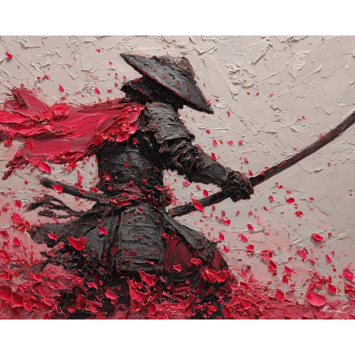 steel, honor, blade, night, silent, crimson, ash, wind, shadow, still, palette knife, oil painting, impasto, texture, layered paint, expressive surface, color depth, atmospheric, visual mood, art